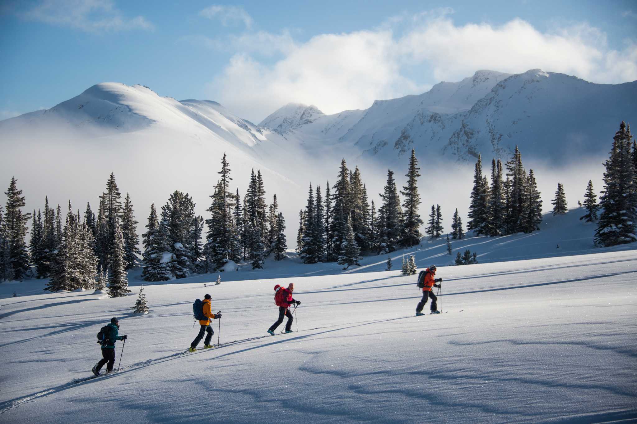 Group skiing bright and clear background Purcell Lodge Canada